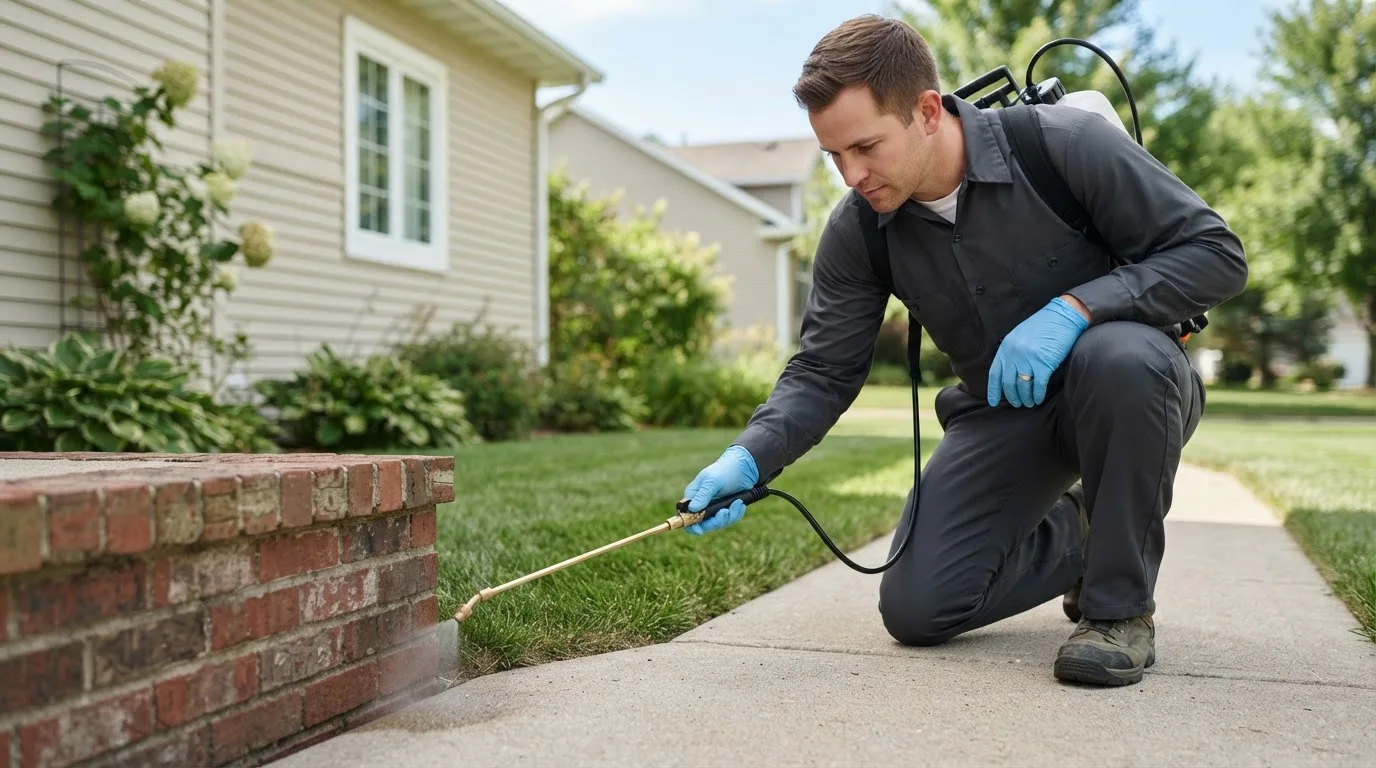 Pest control technician treating a home near Buhl, MN
