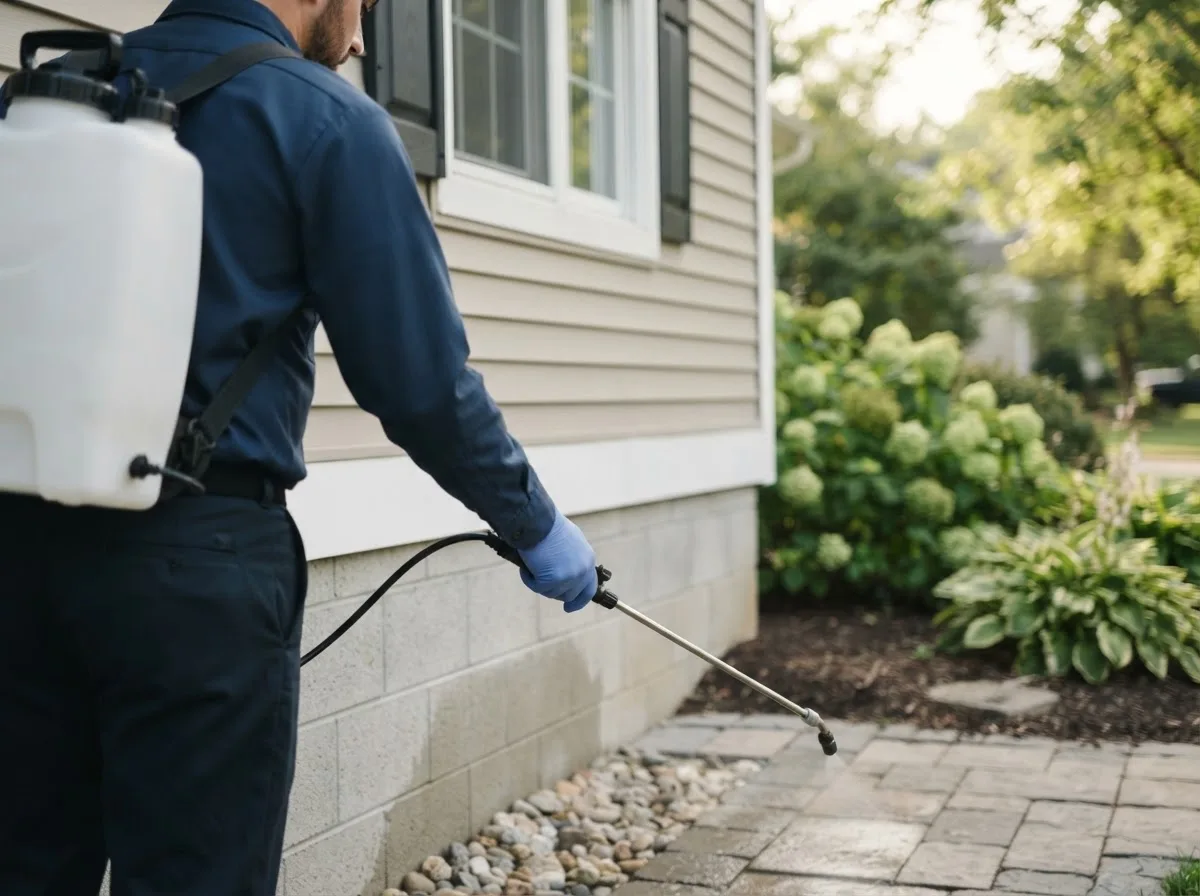 Pest control technician inspecting a home in Buhl, MN